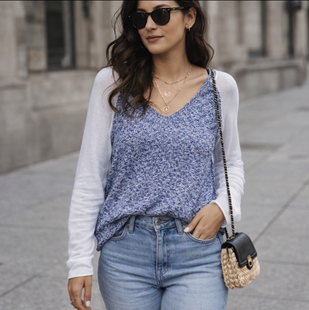 Seven7 Knit Sweater Medium Blue White Sheer Long Sleeve V-neck Casual Pullover
